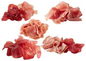 Smoked Ham and Bacon Slices cut out isolated white background with clipping path photo