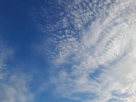 A serene sky filled with soft, scattered white clouds under a bright blue backdrop, evoking calm and peaceful vibes. photo
