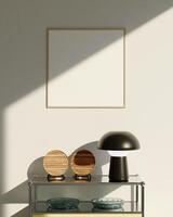 Natural wood square frame mockup above shelf with design objects, suited for artworks or creative posters. photo