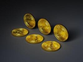 Golden bitcoin coins placed on dark background. photo