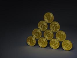 Bitcoin coins arranged in an ascending formation on black background. photo