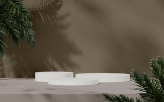 Three white podiums positioned with shadow patterns and tropical leaves in the scene. photo