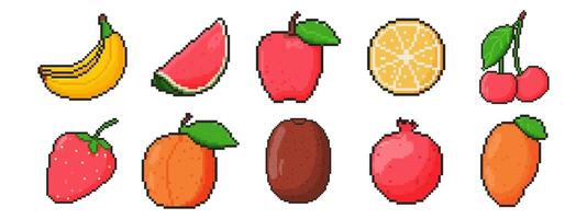 Pixel art fruit icon set in 8 bit style. Retro 80s, 90s game graphics. vector