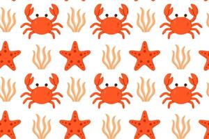 Seamless pattern featuring crabs, starfish, and seaweed in red and beige tones, ideal for decorative marine visuals vector