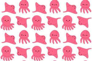 Bright seamless pattern with smiling pink octopuses on white background, ideal for marine-themed childrens prints vector