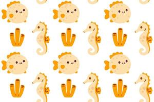 Seamless pattern with seahorses and pufferfish in warm yellow and orange tones on a soft white background vector