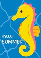 Colorful summer card with a yellow seahorse on a dark blue background with water patterns and bold seasonal message vector