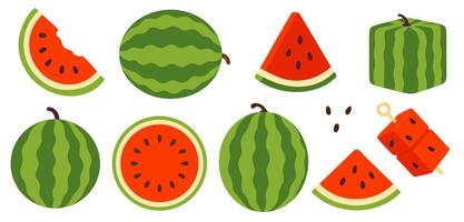Fresh watermelons with red cubes, slices, and scattered seeds on white background, great for summer food, playful visuals, and creative educational or game themes vector