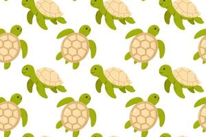 Seamless pattern with green turtles and beige shells swimming on a white background, perfect for ocean-themed decor or fabric vector