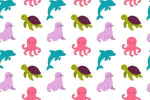 Seamless marine pattern with dolphins, seals, turtles, and octopuses on white background, ideal for kids' and educational designs vector