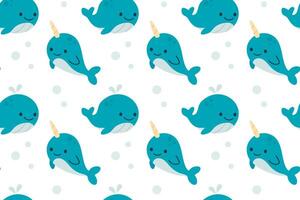 Seamless pattern with smiling narwhals and small bubbles on white background, ideal for ocean-themed childrens products vector