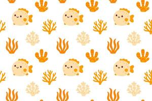 Cute beige pufferfish and seaweed elements arranged in a seamless ocean-themed pattern on white background vector