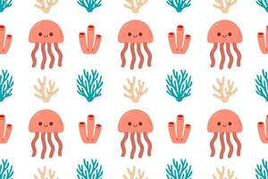 Seamless ocean pattern with smiling jellyfish, coral, and seaweed on a white background, ideal for marine-themed childrens products vector