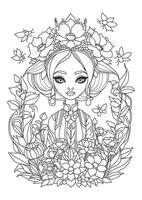 Portrait of a cute girl in the garden, with her hair decorated with flowers. Coloring page. Illustration for coloring. vector