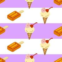 Seamless Ice Cream Summer Pattern. Ice cream cones with scoops and cherries alternating with cold treats on striped violet and white background. Bright cartoon style, seamless tileable pattern. vector