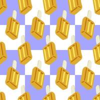 Seamless Ice Cream Stick Pattern. Ice cream stick, yellow frozen dessert repeated on checkered background. vector