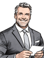 Professional man in suit smiling with notepad and pen in hand png