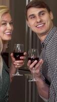 Joyful couple capturing selfies while toasting with red wine on Valentine's Day video
