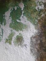 Old, weathered concrete wall with visible patches of moss, stains, and textured surface patterns from age and moisture. photo