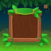 Cartoon Wooden frame or border for game UI. Plank and panel for 2D game interface design and UI element with leaves on jungle background vector