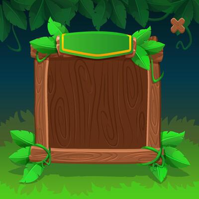 Cartoon Wooden frame or border for game UI. Plank and panel for 2D game interface design and UI element with leaves on jungle background