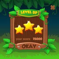 Cartoon Wooden Level UP menu or border for game UI. Plank and panel for 2D game interface design and UI element with leaves on jungle background vector