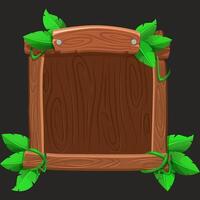 Cartoon Wooden frame or border for game UI. Plank and panel for 2D game interface design and UI element with jungle leaves vector