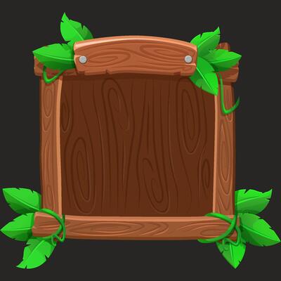 Cartoon Wooden frame or border for game UI. Plank and panel for 2D game interface design and UI element with jungle leaves