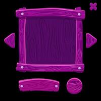 Wooden game buttons and banners. Purple Game interface buttons in cartoon style. vector