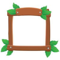 Wooden frame or border for game UI. Plank and panel for 2D game interface design and UI element with jungle leaves vector