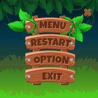 Wooden game Menu UI with buttons-Restart, Option and exit. Game interface buttons in cartoon style with jungle style background vector