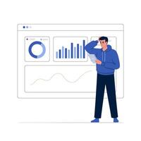 Confused businessman analyzing complex data on tablet, standing near digital screen with charts. Problem solving, data analysis struggle concept. Hand drawn illustration. vector