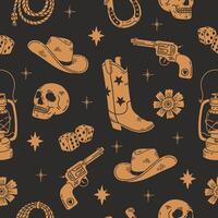 Seamless cowboy pattern on dark background. Vintage design with hand-drawn elements like hats, boots, horseshoes, and revolvers. Illustration for wrapping paper, fabric, textile and decor. vector