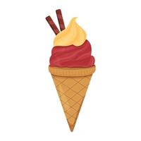 A delightful ice cream cone features vibrant swirls of red and yellow vector