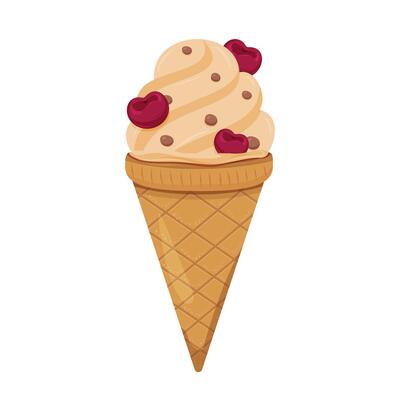 Sweet heart-shaped ice cream cone with chocolate chips and cream swirl