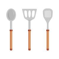 Cooking utensils arranged in a row with wooden handles and metallic heads vector