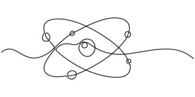 Continuous one line drawing atom or proton nucleus sign symbol isolated illustration. vector