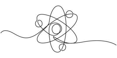 Atom as a symbol of science and various molecules around. World Science Day. One line drawing for different uses vector
