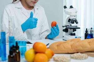 no chemical on fruit residues in laboratory. Control experts inspect the concentration of chemical residues, standard, find prohibited substances, contaminate, Microbiologist photo