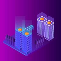 Isometric blockchain server network with bitcoin coin connections in digital environment vector