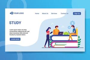 Flat Illustration of Students Studying with Books and Laptops vector