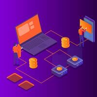Isometric landing page concept of cryptocurrency payment system with laptop and users vector