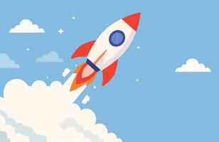 Rocket Launch into Sky, Startup Rocket Flying Up, Business Growth Rocket, Innovation Rocket Blast Off, Success Rocket Launching vector