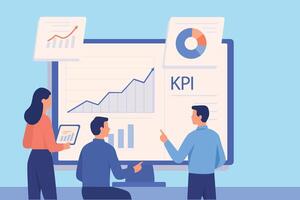 Business KPI Dashboard, Data Analysis and Reporting, Performance Metrics Review, Financial Growth Strategy, Team Analyzing Data vector