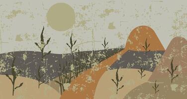 Abstract landscape with wildflowers and mountains. Design in warm, earthy tones with a vintage texture. vector