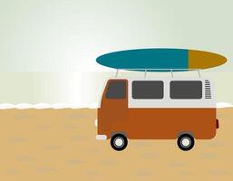 Van with surfboard on the beach - retro summer minivan on the sea background. Summer and vacation concept. EPS 10. vector