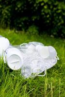 Plastic bottles discarded on grass in natural setting photo