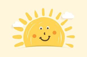 Smiling sun with clouds on yellow background vector