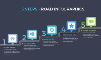 Road infographics template with five elements with place for your icons and text, dark background vector