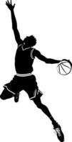 Sketchy sport silhouette of a tall thin basketball player flying with the ball to the basket in monochrome. Engraving minimalistic image in black ink drawing on white background vector